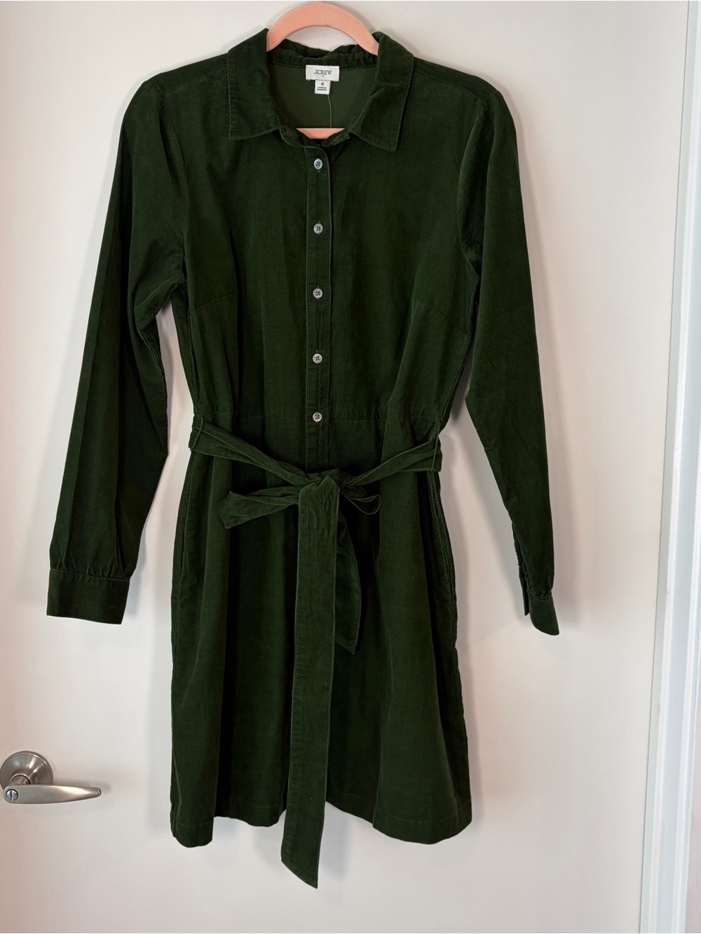 J.Crew Olive Green Corduroy Shirt Dress Belted Button Front Size 4 NWT